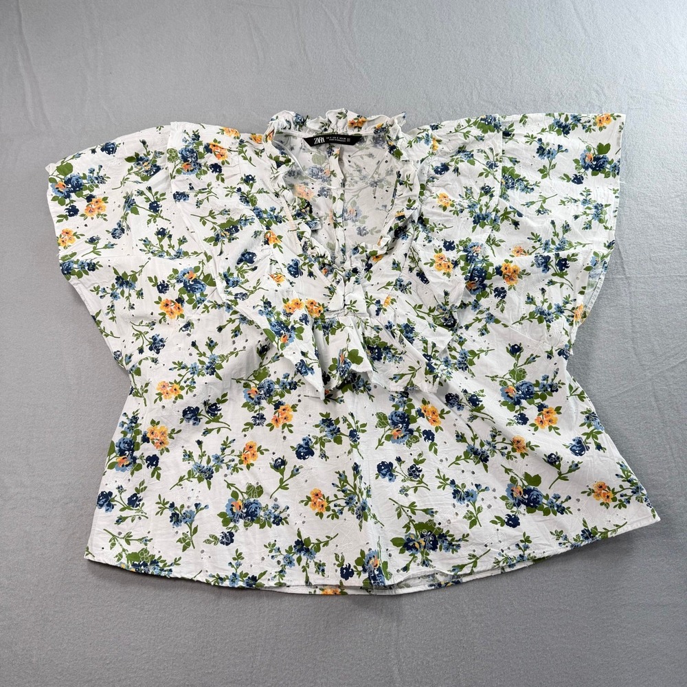 Zara Floral Eyelet Blouse Women S White Blue Yellow Ruffle Sleeve Shabby Chic - Picture 2 of 9